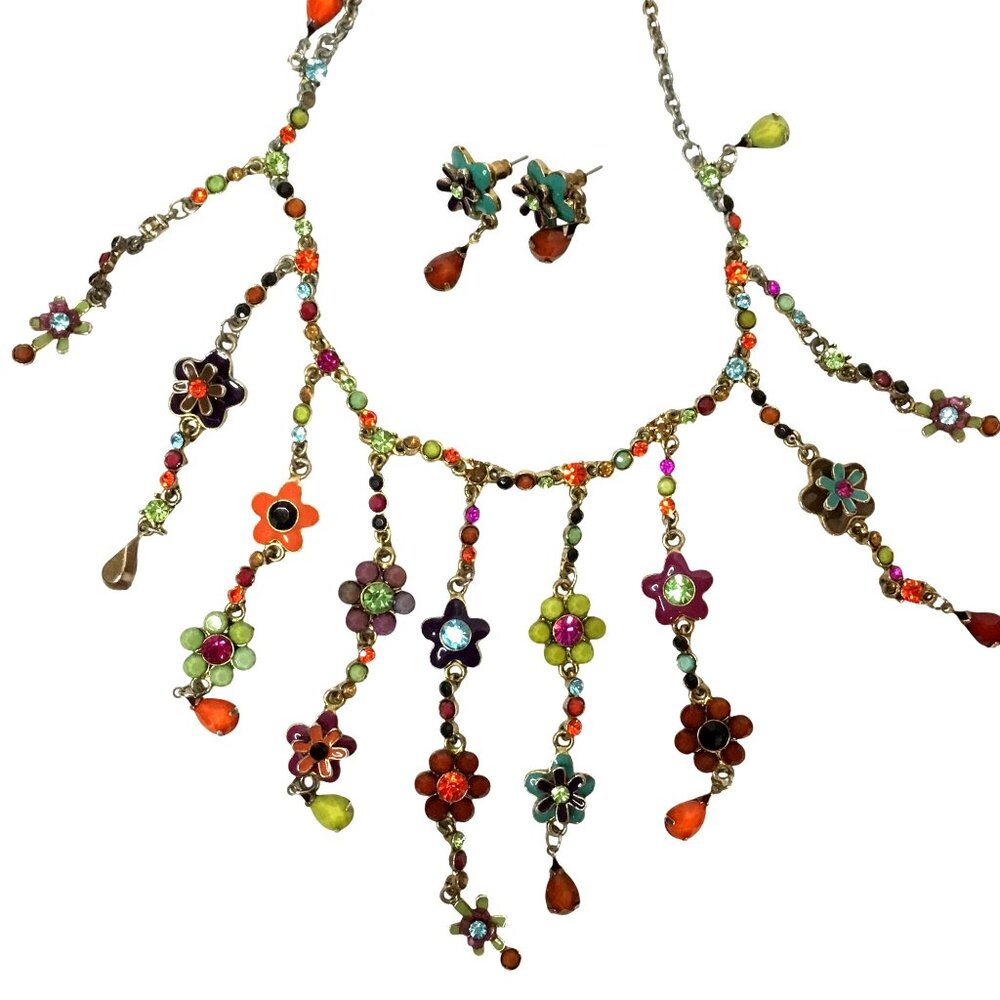 VCLM Women Vintage Enamel Floral Fringe Necklace Earrings Set Boho Festival Art - Picture 3 of 9